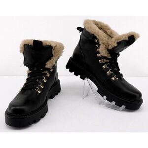ZARA Women's Black Leather Fur Lined Combat Boots EU 40 US 9.5 Lug Sole NWT